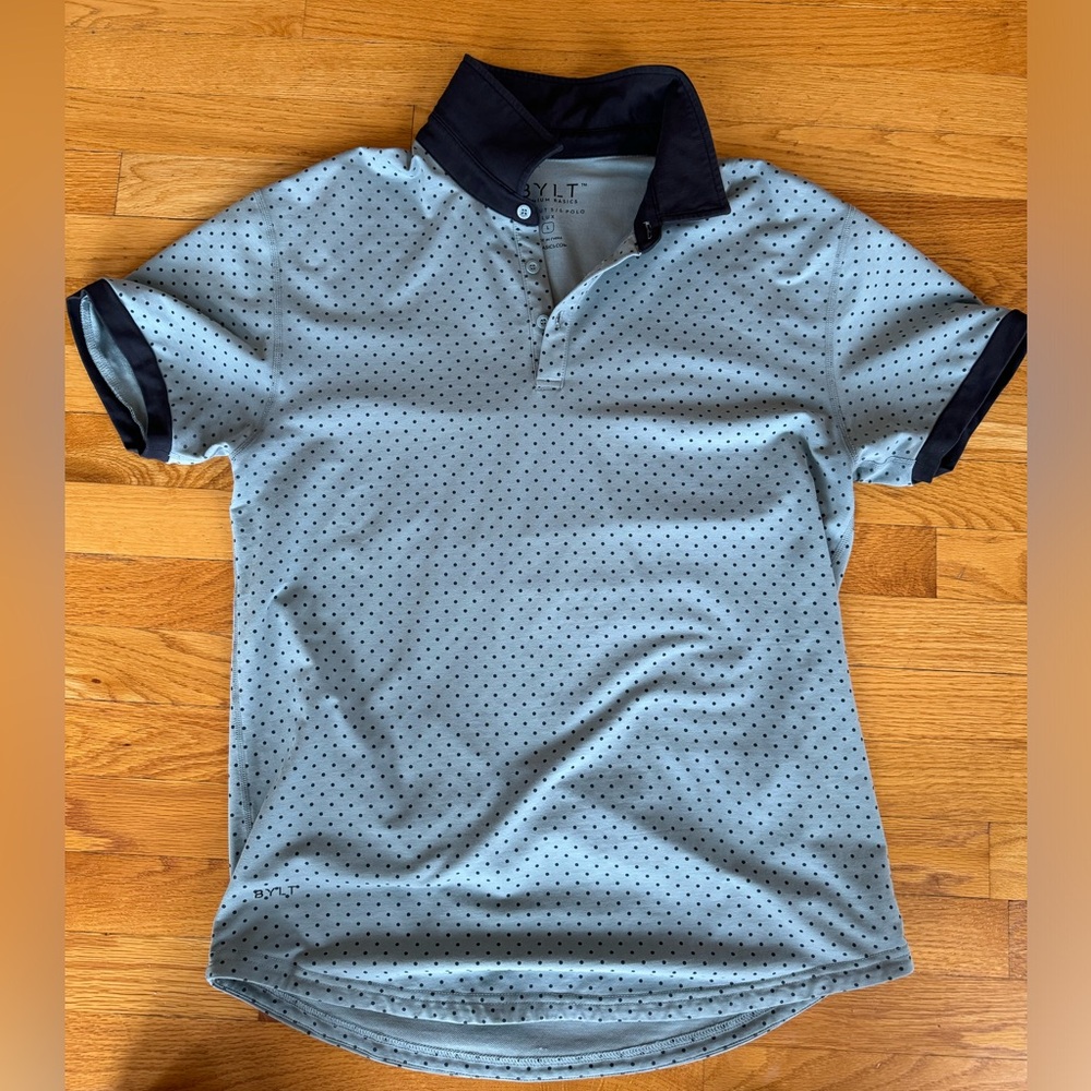 Men’s - BYLT - L - Drop cut Polo - Teal with a Dar Teal collar and polka dots